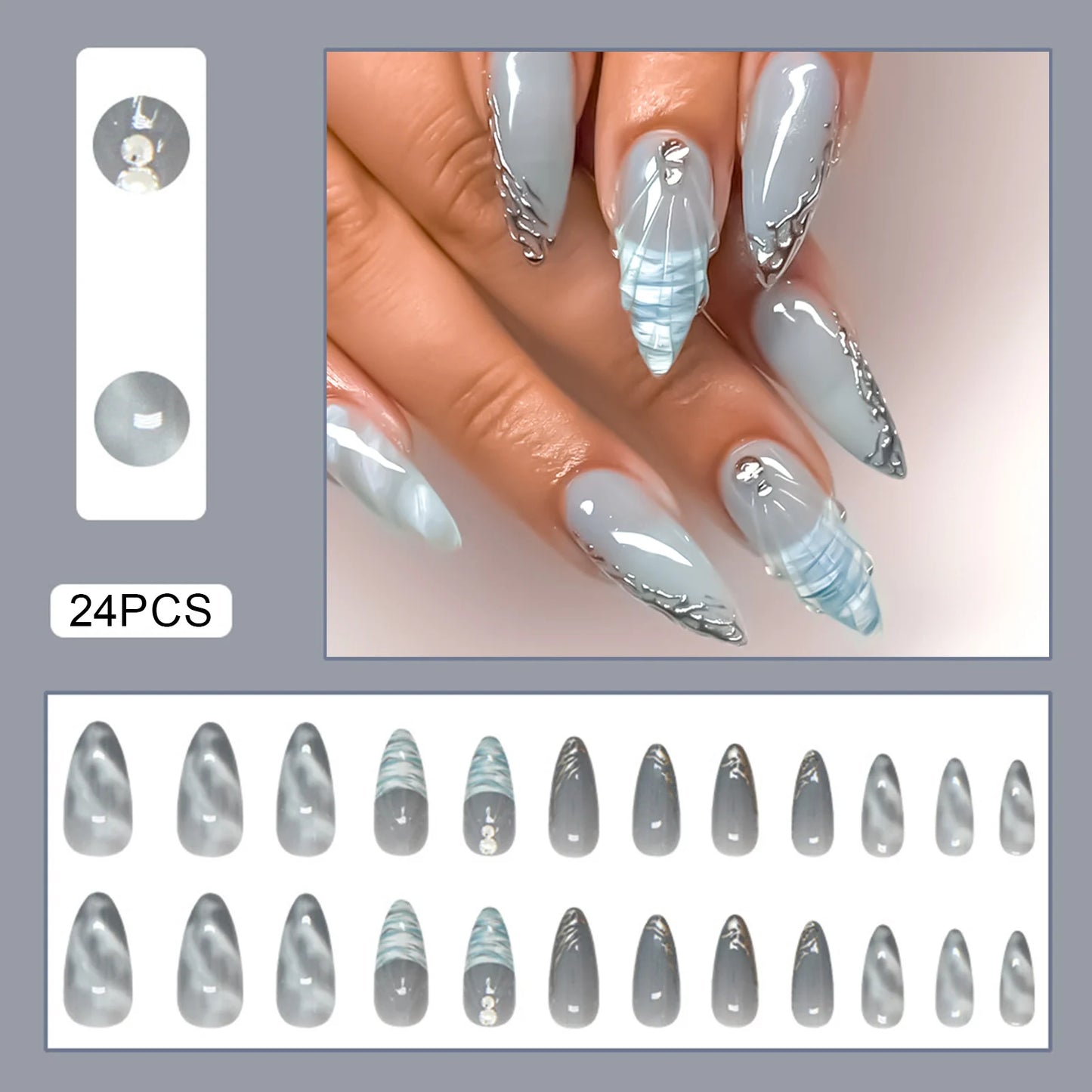 24pcs White Flower Fake Nail Yellow Pink Blush Almond Shaped Press on Nails