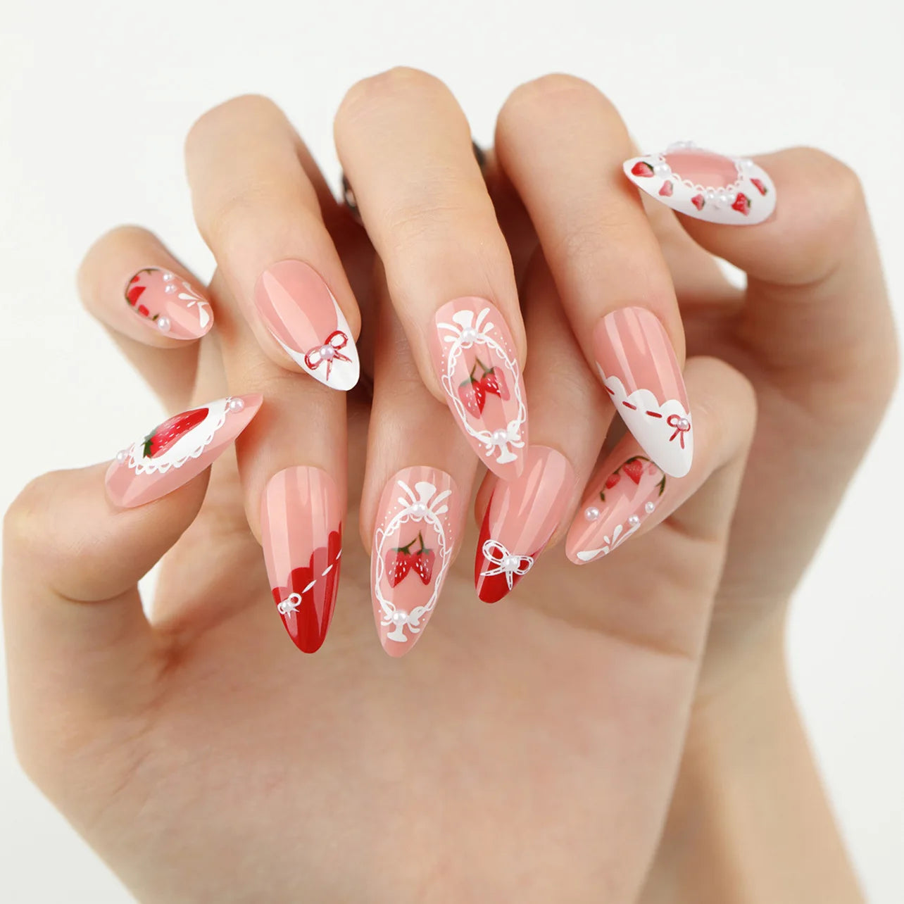 24pcs White Flower Fake Nail Yellow Pink Blush Almond Shaped Press on Nails