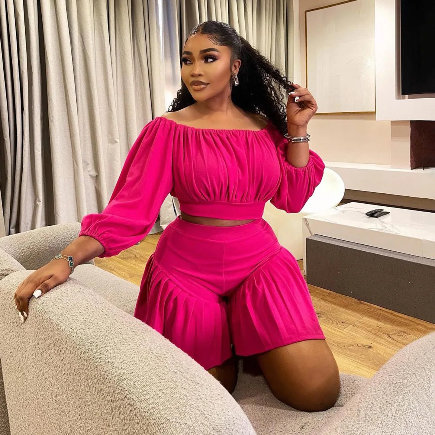 Plus Size Long Sleeve Slash Neck T-Shirt and Shorts Ruched 2 Piece Set