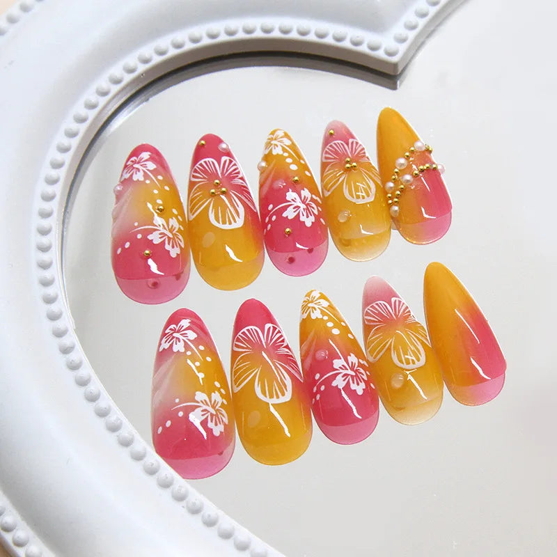 24pcs White Flower Fake Nail Yellow Pink Blush Almond Shaped Press on Nails