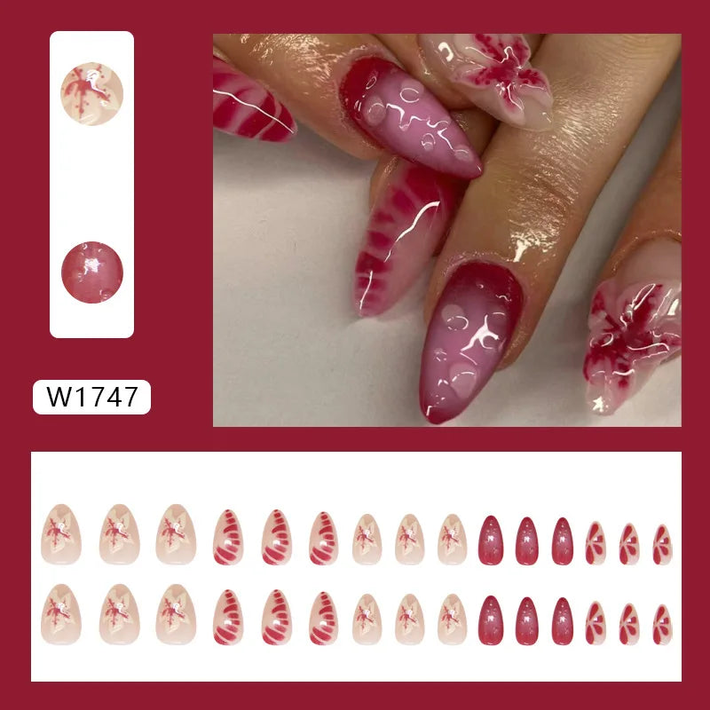 24pcs White Flower Fake Nail Yellow Pink Blush Almond Shaped Press on Nails
