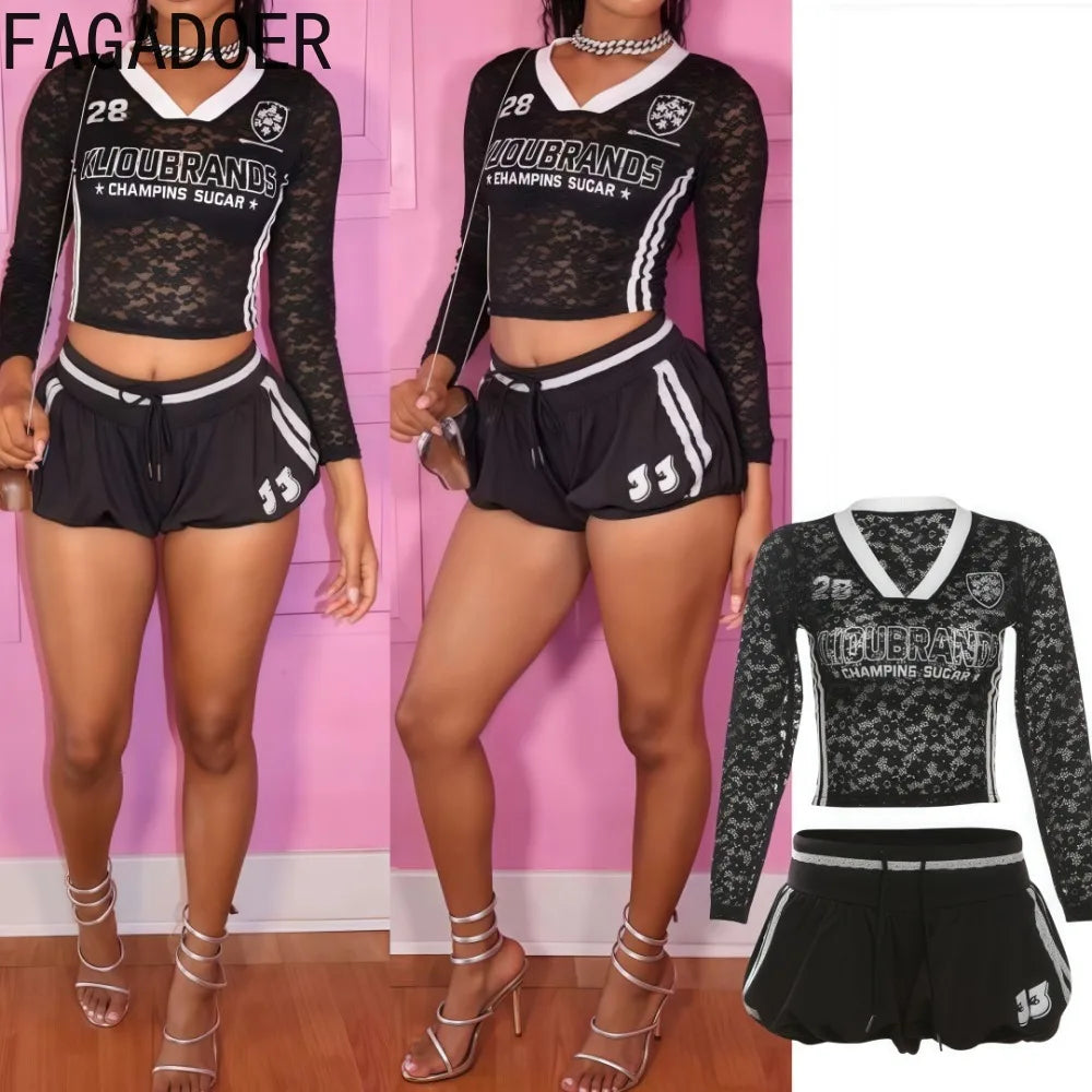 2 Piece Sets Women Outfit Lace See Though Patchwork Crop Top + Drawstring Skirts