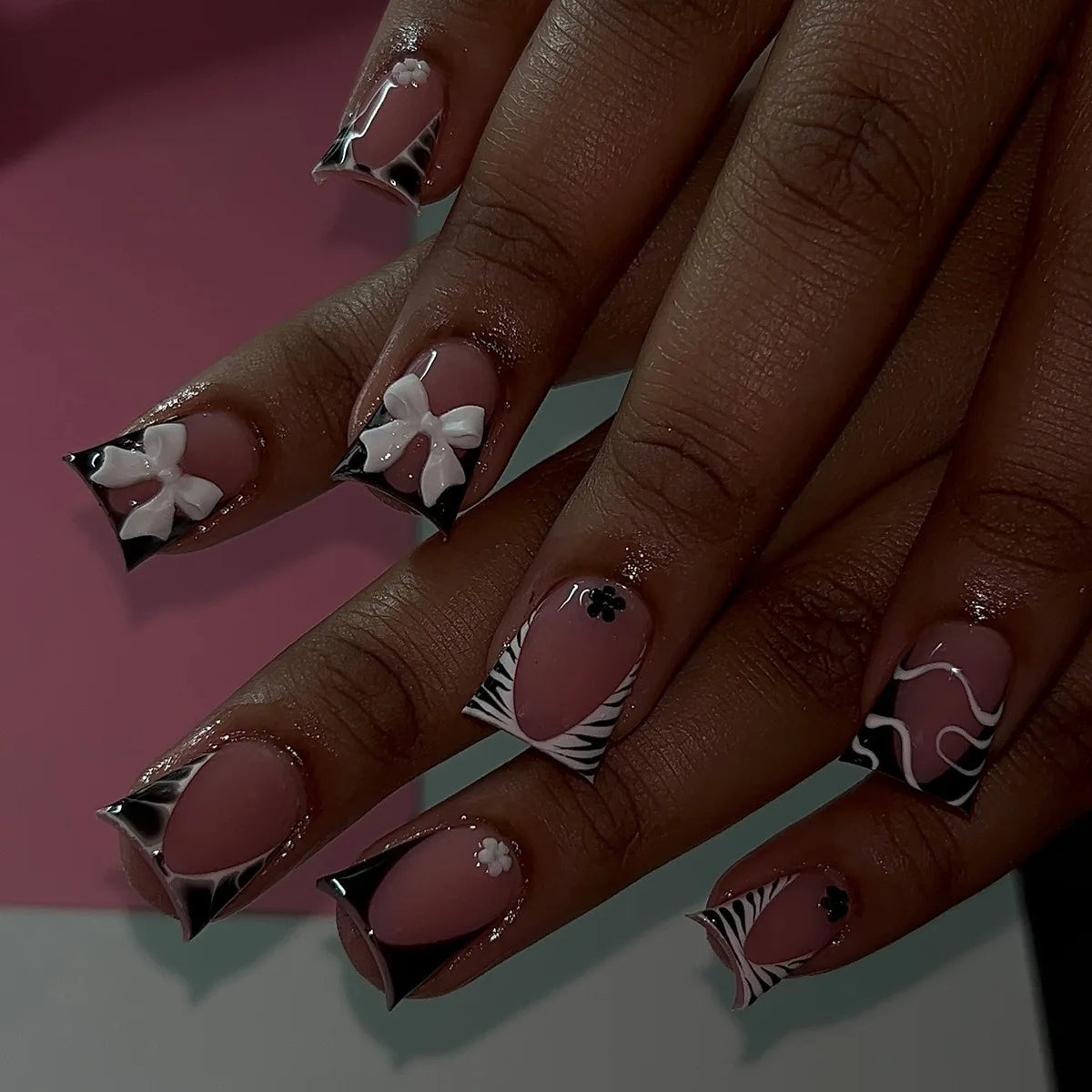 24pcs Long Ballet Press On Nails With 3D Bow Decor