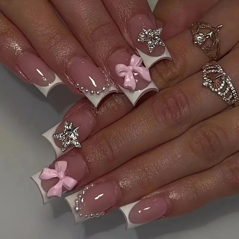 24Pcs Pink French Style Fake Nails 3D Bow Designs Short Square Press on Nails