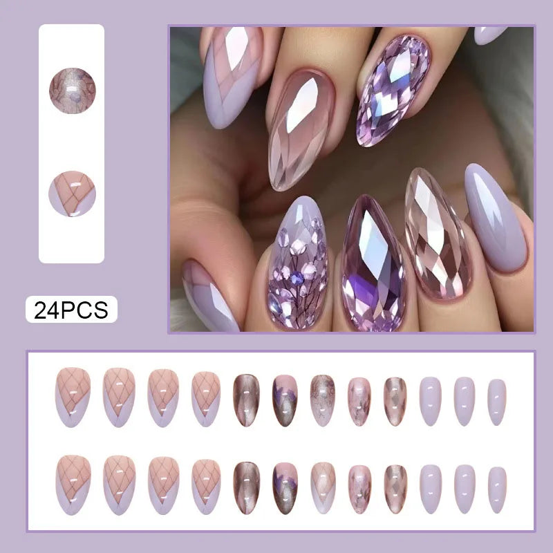 24pcs White Flower Fake Nail Yellow Pink Blush Almond Shaped Press on Nails