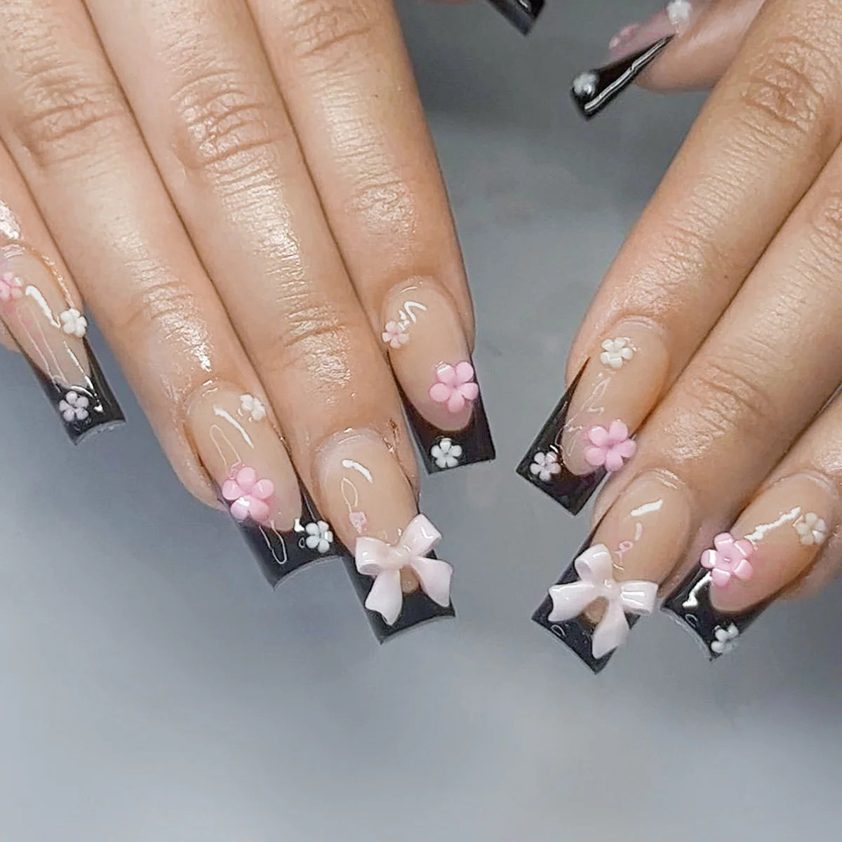 24pcs Long Ballet Press On Nails With 3D Bow Decor