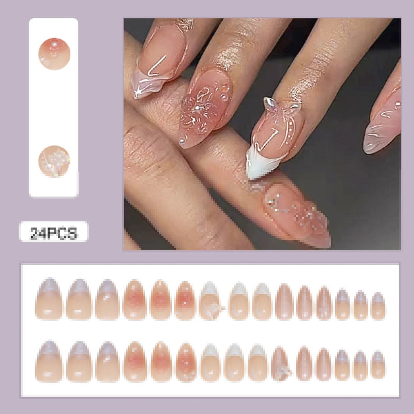 24pcs White Flower Fake Nail Yellow Pink Blush Almond Shaped Press on Nails