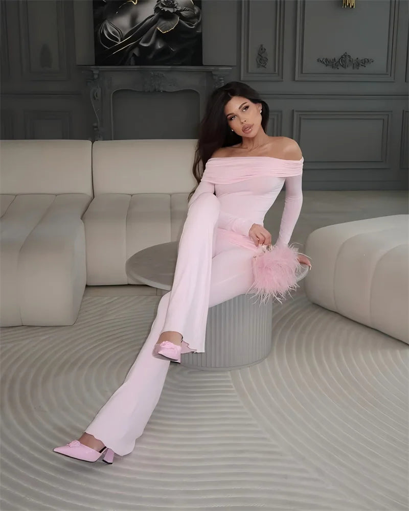 Two Pieces Sets Women Off-shoulder Long Sleeve T-shirt And Trouser Ruffle Ruched Long Pants Set