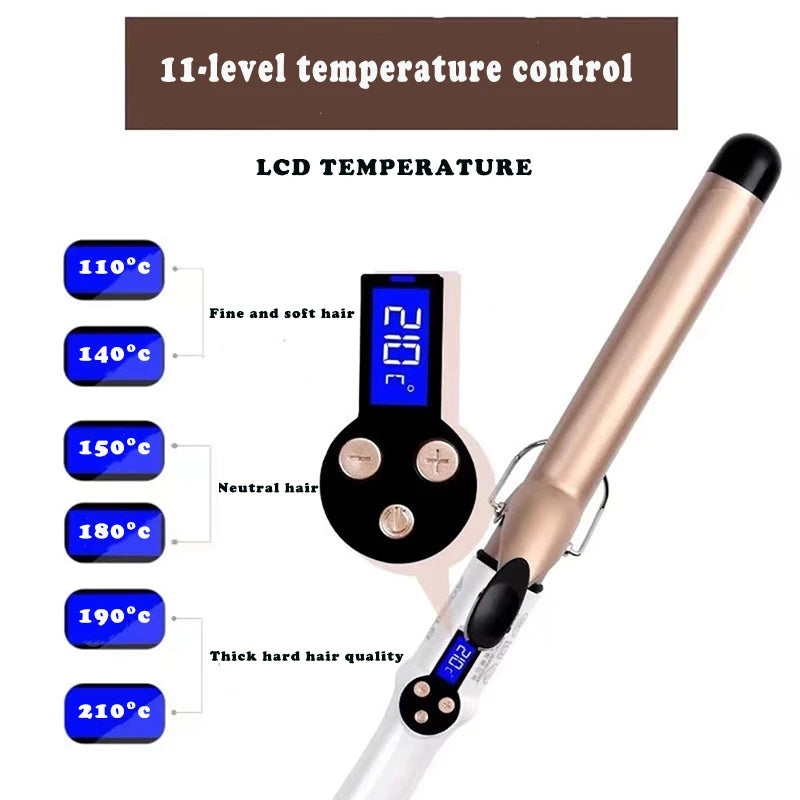 Electric Hair Curler Long Curling Tong Wand 9-38mm LCD Screen