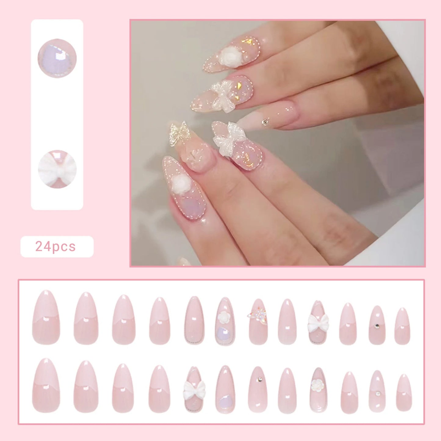 24pcs White Flower Fake Nail Yellow Pink Blush Almond Shaped Press on Nails