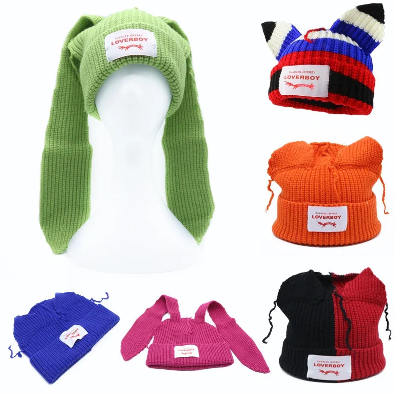 Hooded Lover Boy Knit Double-layer Fox Ear Hat Hip-hop Y2k