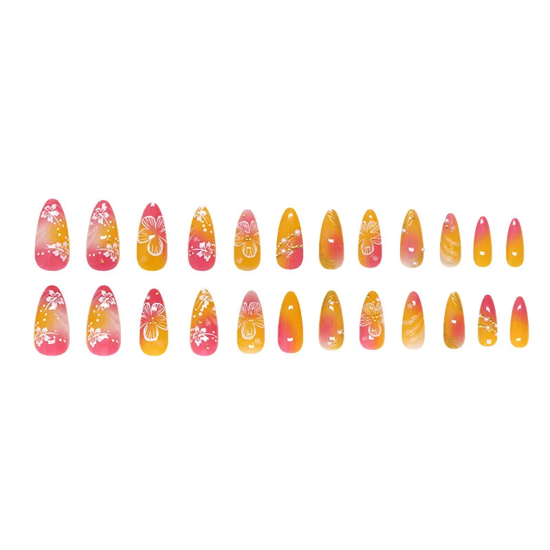 24pcs White Flower Fake Nail Yellow Pink Blush Almond Shaped Press on Nails