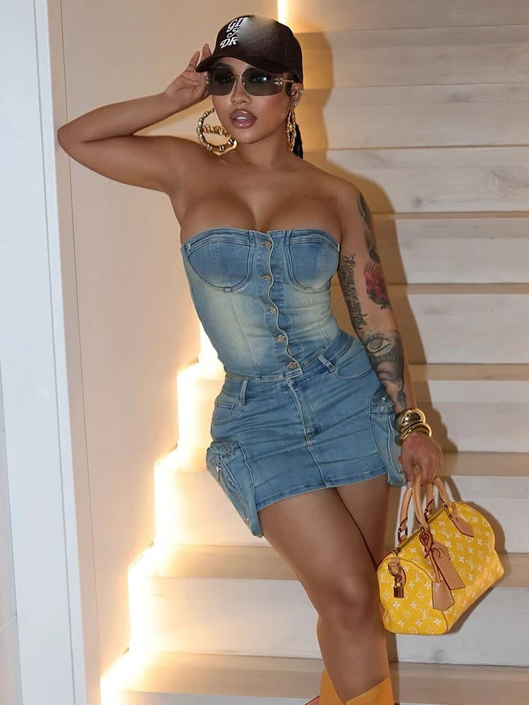 Denim Y2K Women 2 Piece Set Strapless Tops+Hip Skirt