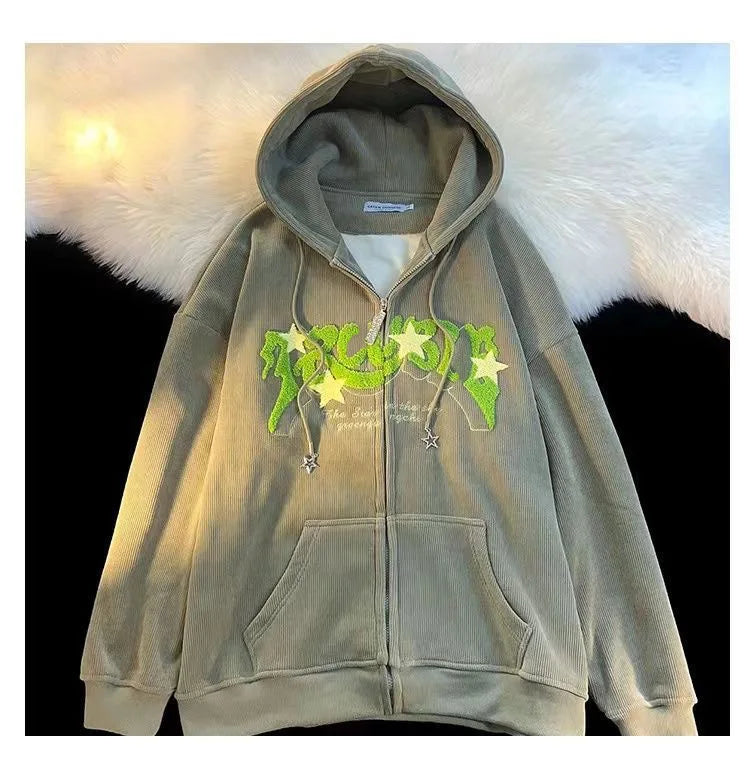 Embroidery Zip Up Hoodies Women Long Sleeve Tops Loose Hood Shirt Harajuku Y2K