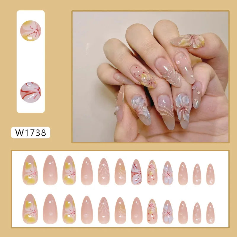 24pcs White Flower Fake Nail Yellow Pink Blush Almond Shaped Press on Nails