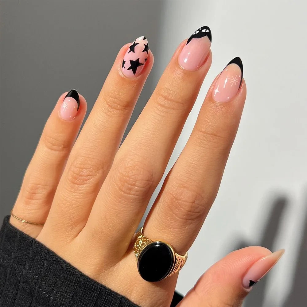 24pcs White Flower Fake Nail Yellow Pink Blush Almond Shaped Press on Nails