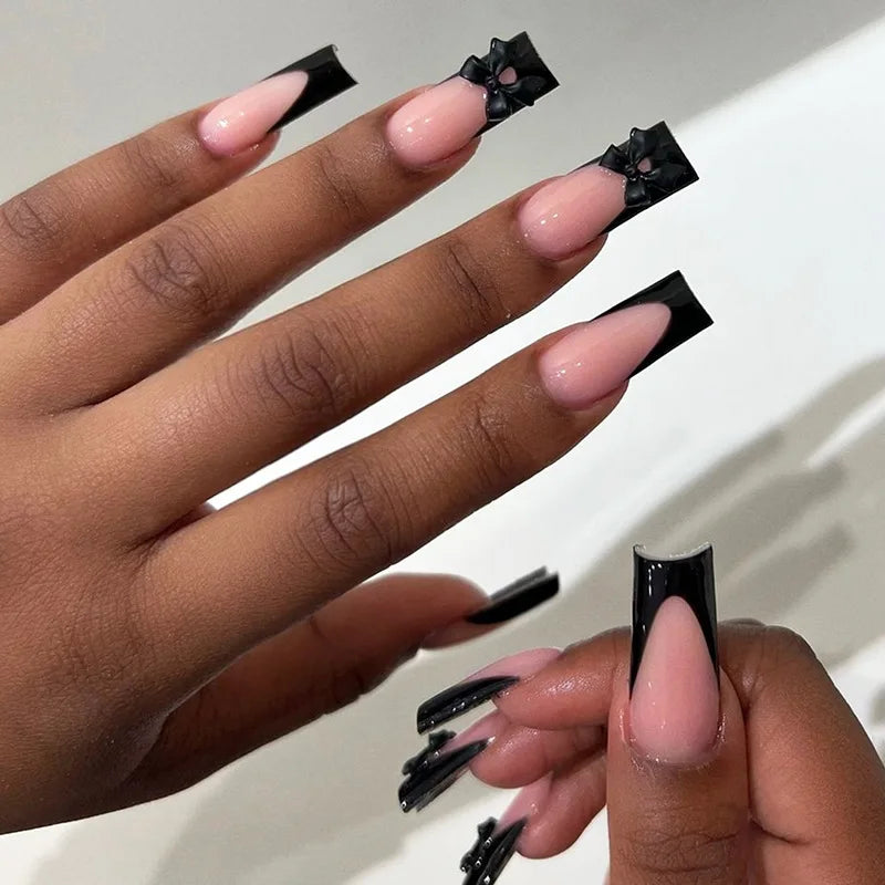 24pcs Long Ballet Press On Nails With 3D Bow Decor
