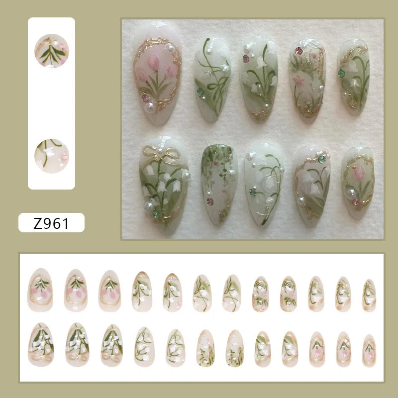 24pcs White Flower Fake Nail Yellow Pink Blush Almond Shaped Press on Nails