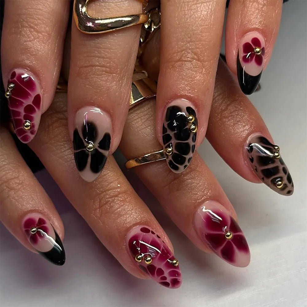 24pcs White Flower Fake Nail Yellow Pink Blush Almond Shaped Press on Nails