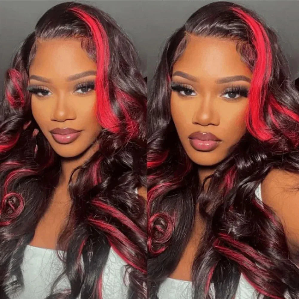 Ombre Burgundy Highlight Synthetic Lace Front Wigs Pre Plucked with Baby Hair Body Wave HD Lace Front Wigs