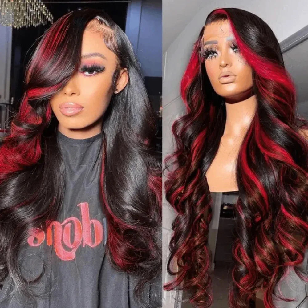 Ombre Burgundy Highlight Synthetic Lace Front Wigs Pre Plucked with Baby Hair Body Wave HD Lace Front Wigs