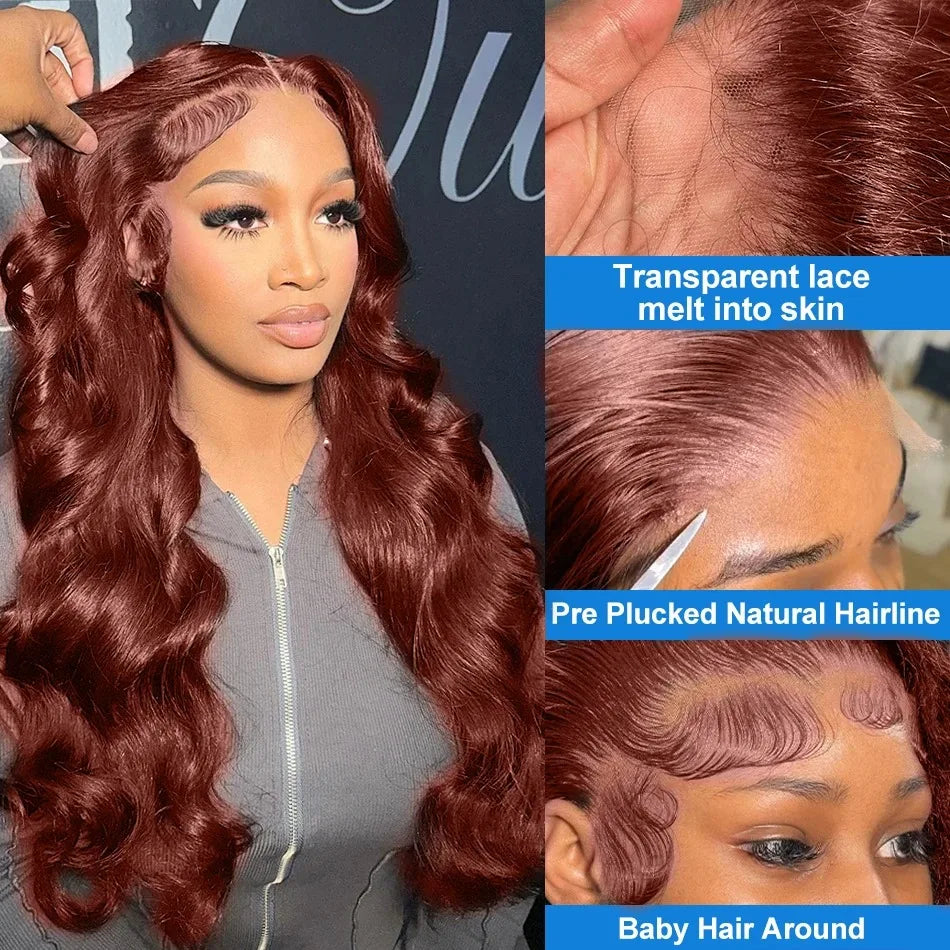 Body Wave Reddish Brown 13x6 Lace Front Wigs Human Hair Preplucked Auburn Colored Human Hair HD Lace Frontal Wig 200 Density
