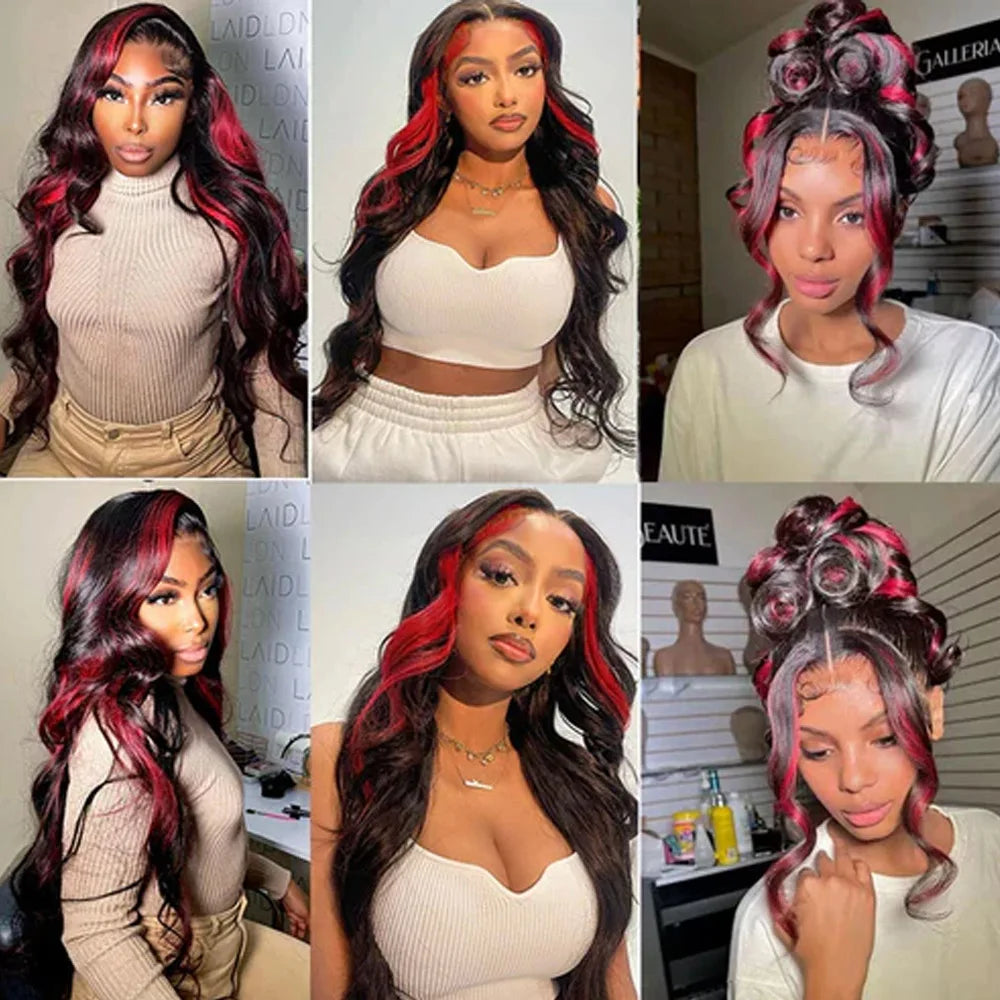 Ombre Burgundy Highlight Synthetic Lace Front Wigs Pre Plucked with Baby Hair Body Wave HD Lace Front Wigs