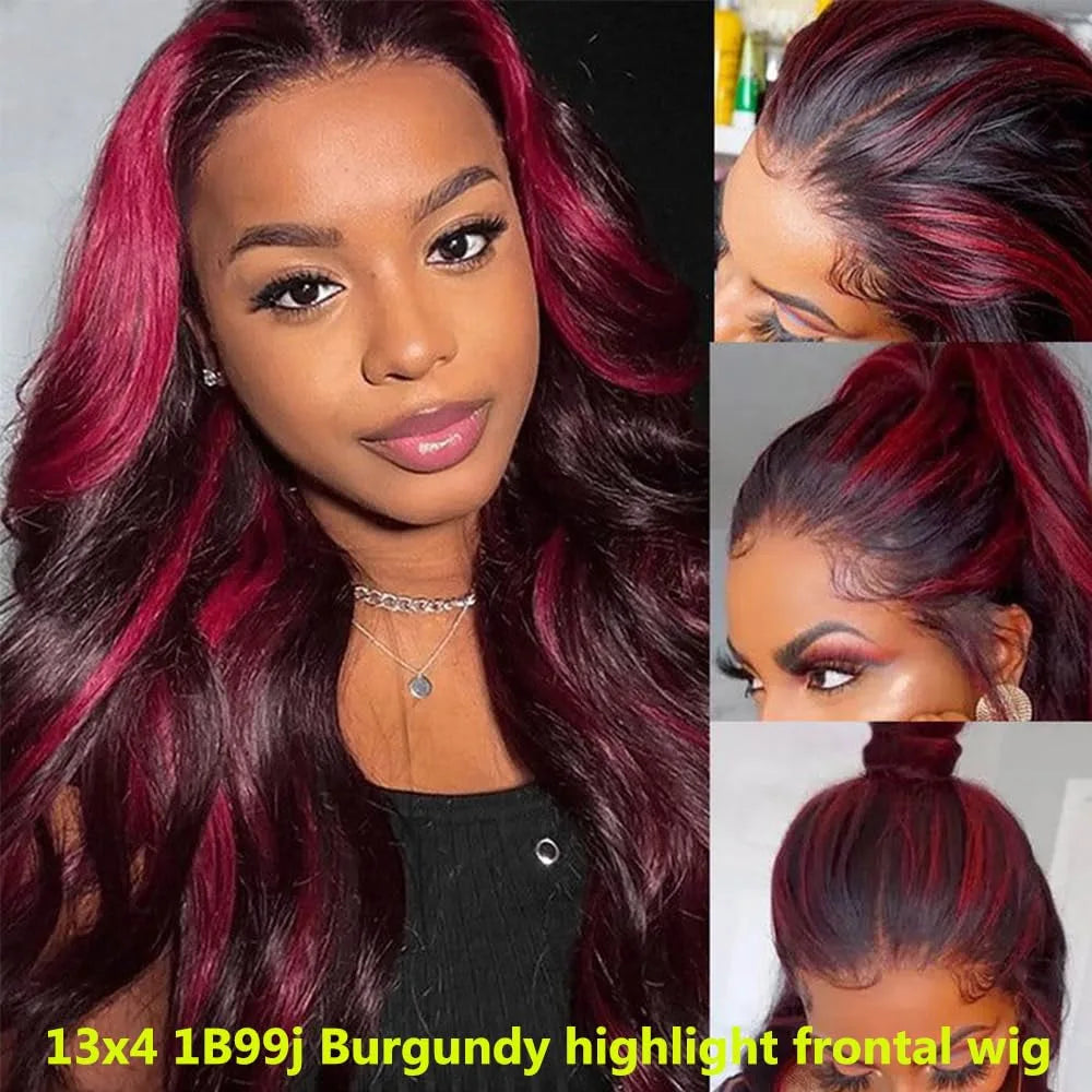 Ombre Burgundy Highlight Synthetic Lace Front Wigs Pre Plucked with Baby Hair Body Wave HD Lace Front Wigs