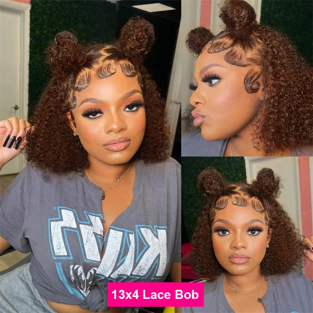 Brown kinky Curly Short Bob Wig Brazilian Water Deep Wave Human Hair Preplucked Short Pixie