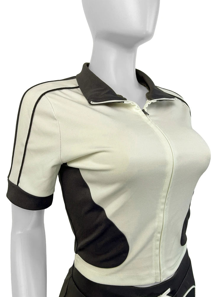 Panelled Two Tone Slim Sports Short Sleeve Shorts Suits Zip Crop Tops Casual 2 Two Piece Set