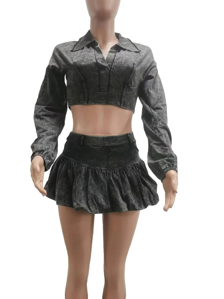Washed Top & Bubble Skort Set 2 Piece Outfits Ribbed Set