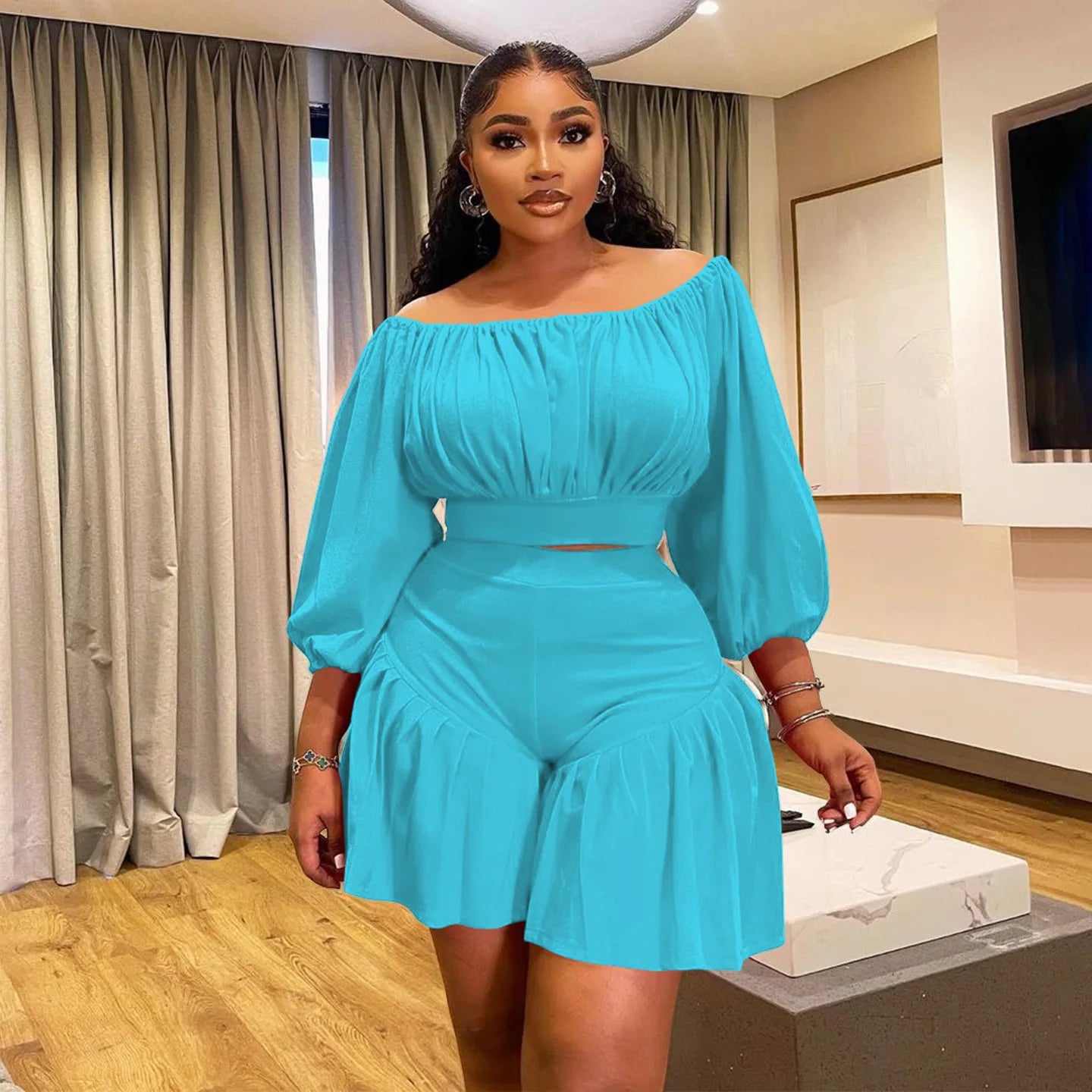Plus Size Long Sleeve Slash Neck T-Shirt and Shorts Ruched 2 Piece Set