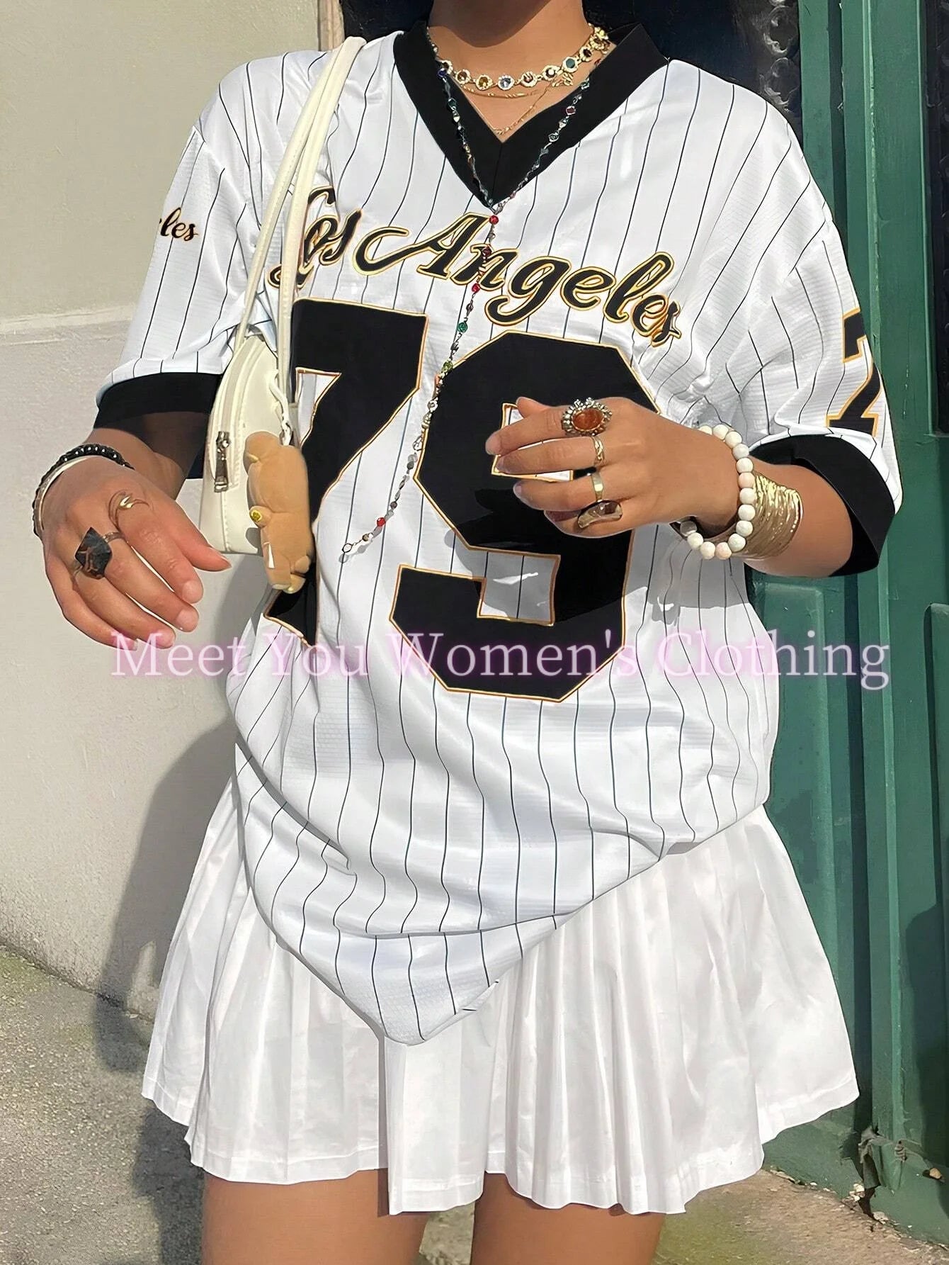 Los Angeles Number 79 Print V-Neck Short Sleeve Graphic Oversized Jersey Oversized