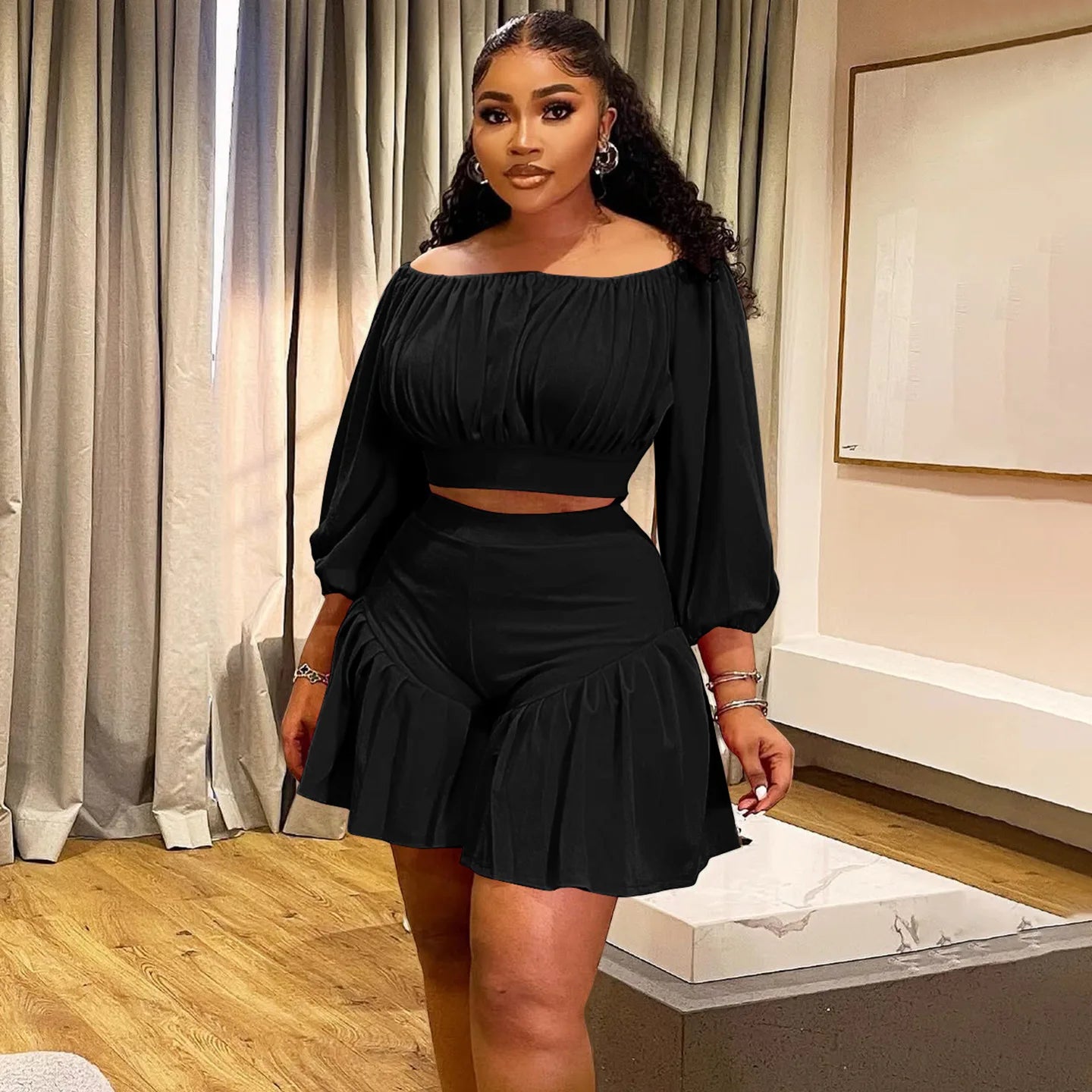 Plus Size Long Sleeve Slash Neck T-Shirt and Shorts Ruched 2 Piece Set