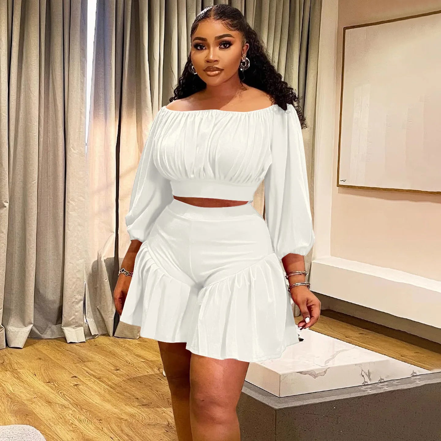 Plus Size Long Sleeve Slash Neck T-Shirt and Shorts Ruched 2 Piece Set