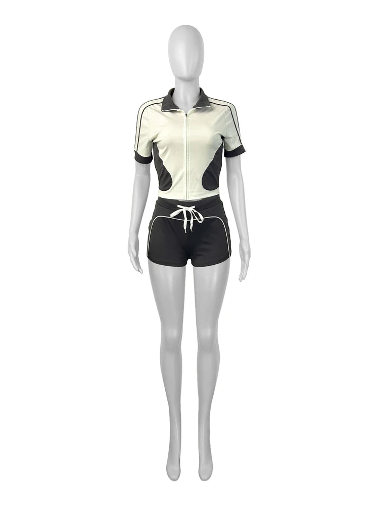 Panelled Two Tone Slim Sports Short Sleeve Shorts Suits Zip Crop Tops Casual 2 Two Piece Set