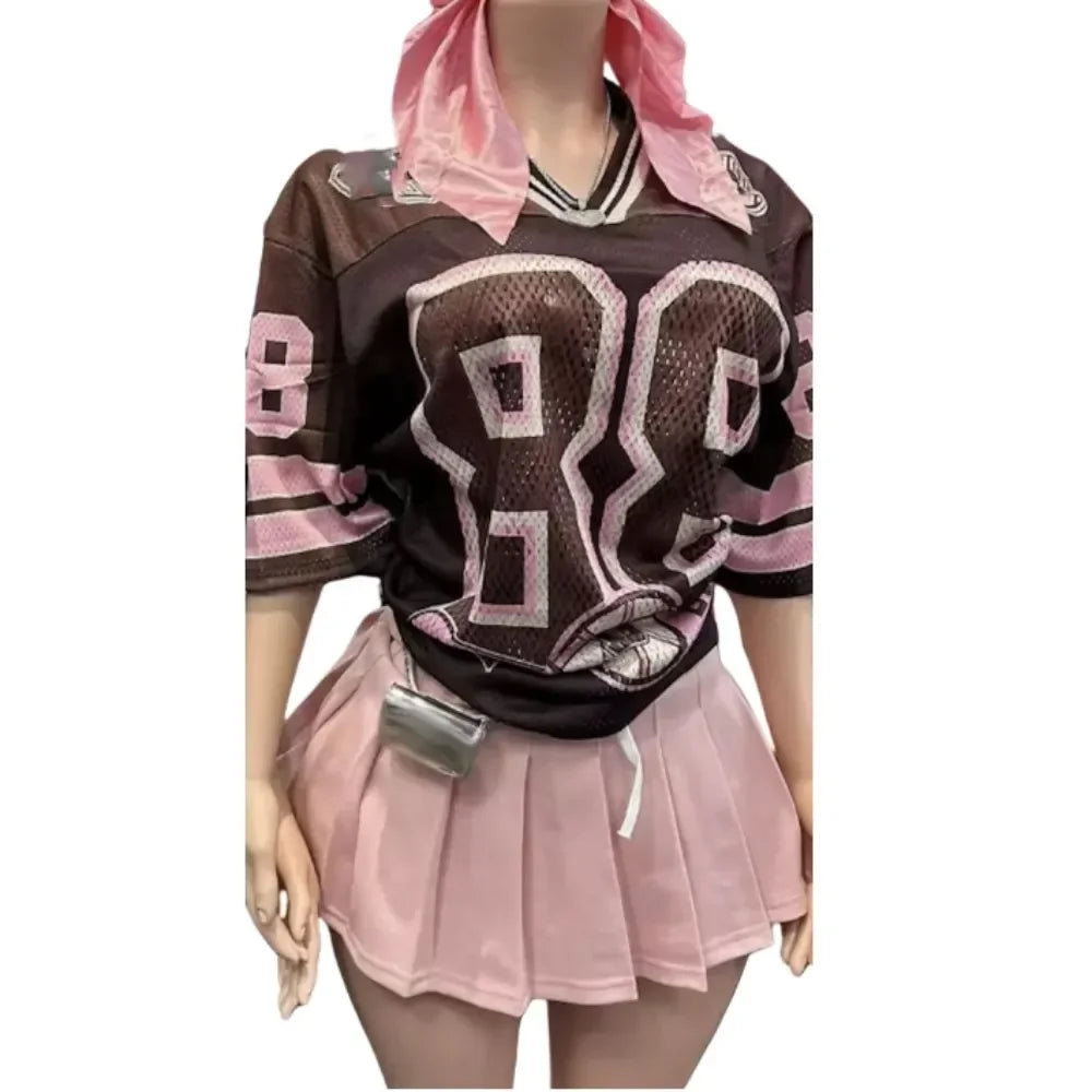 A-line Pleated Skirts Fashion Two Piece Sets, Letter V Neck Short Sleeve Loose Tshirt And Mini Skirt Outfits