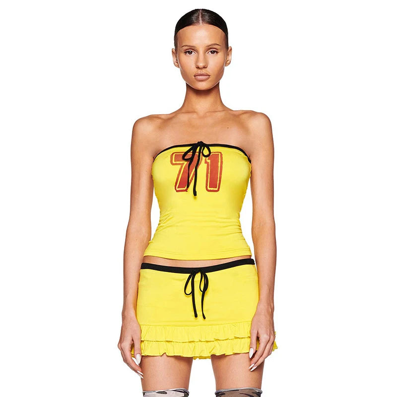 Letter Print 2 Piece Sets  Strapless Skinny Tops+Low Waist Ruffles Tierred Mini Skirts Matching Outfit
