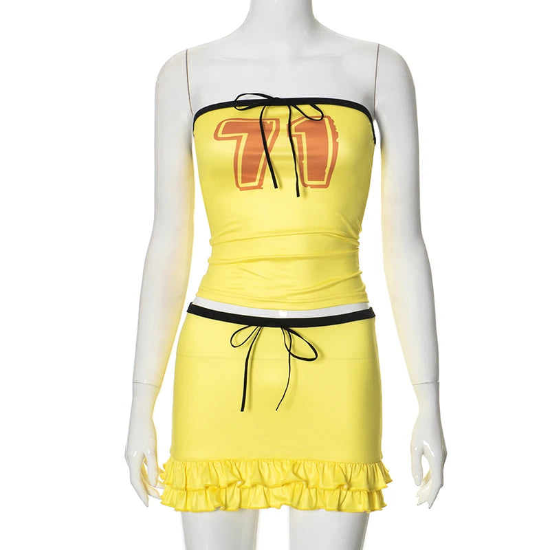 Letter Print 2 Piece Sets  Strapless Skinny Tops+Low Waist Ruffles Tierred Mini Skirts Matching Outfit
