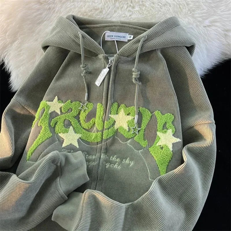 Embroidery Zip Up Hoodies Women Long Sleeve Tops Loose Hood Shirt Harajuku Y2K
