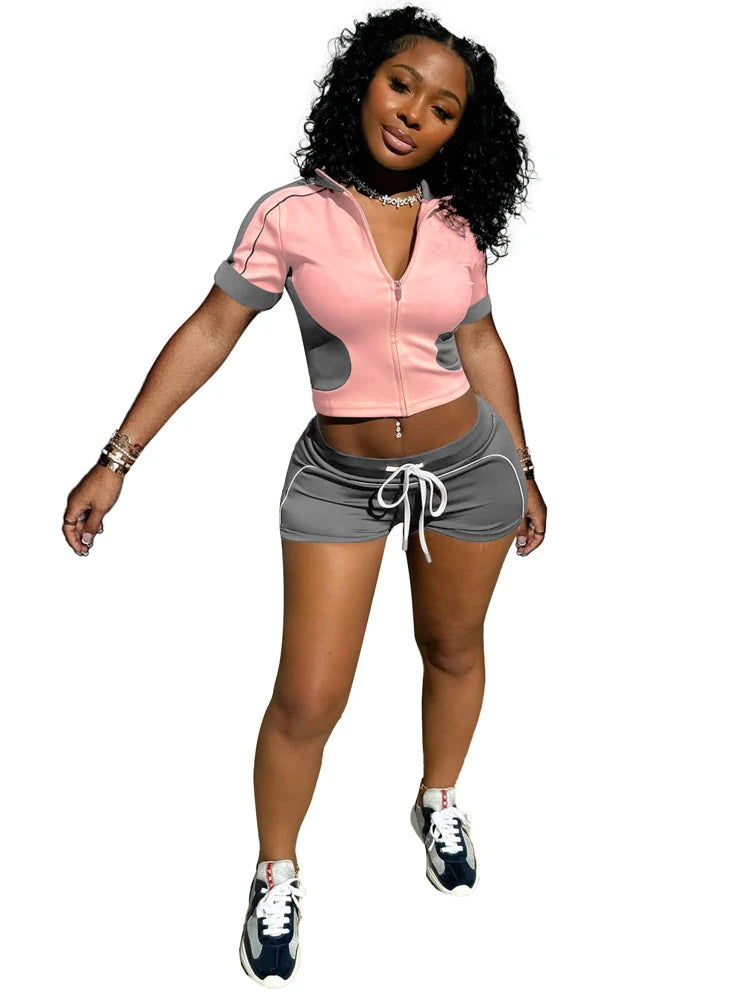 Panelled Two Tone Slim Sports Short Sleeve Shorts Suits Zip Crop Tops Casual 2 Two Piece Set