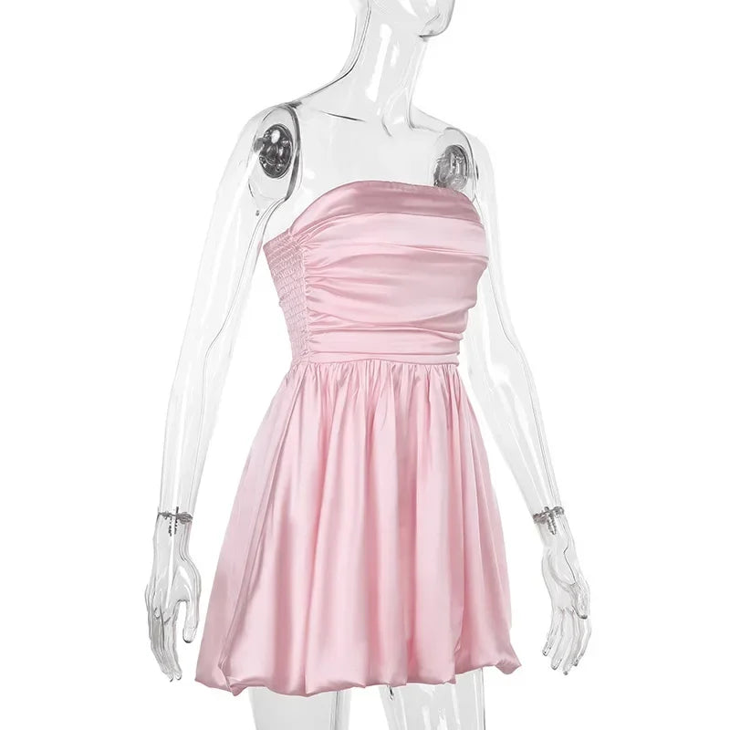 Sexy Bandeau Mini Dress Women Off Shoulder Sleeveless Pleated High Waist Elegant Dress
