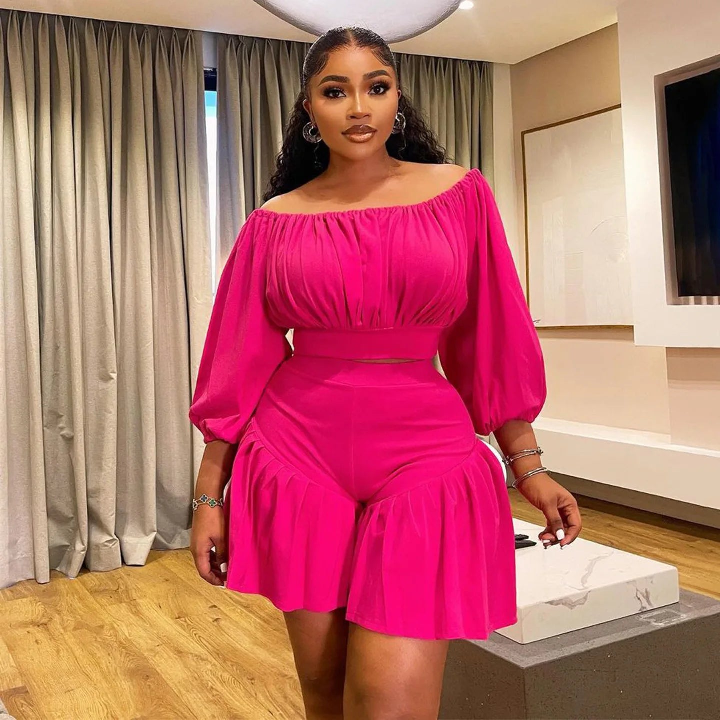Plus Size Long Sleeve Slash Neck T-Shirt and Shorts Ruched 2 Piece Set