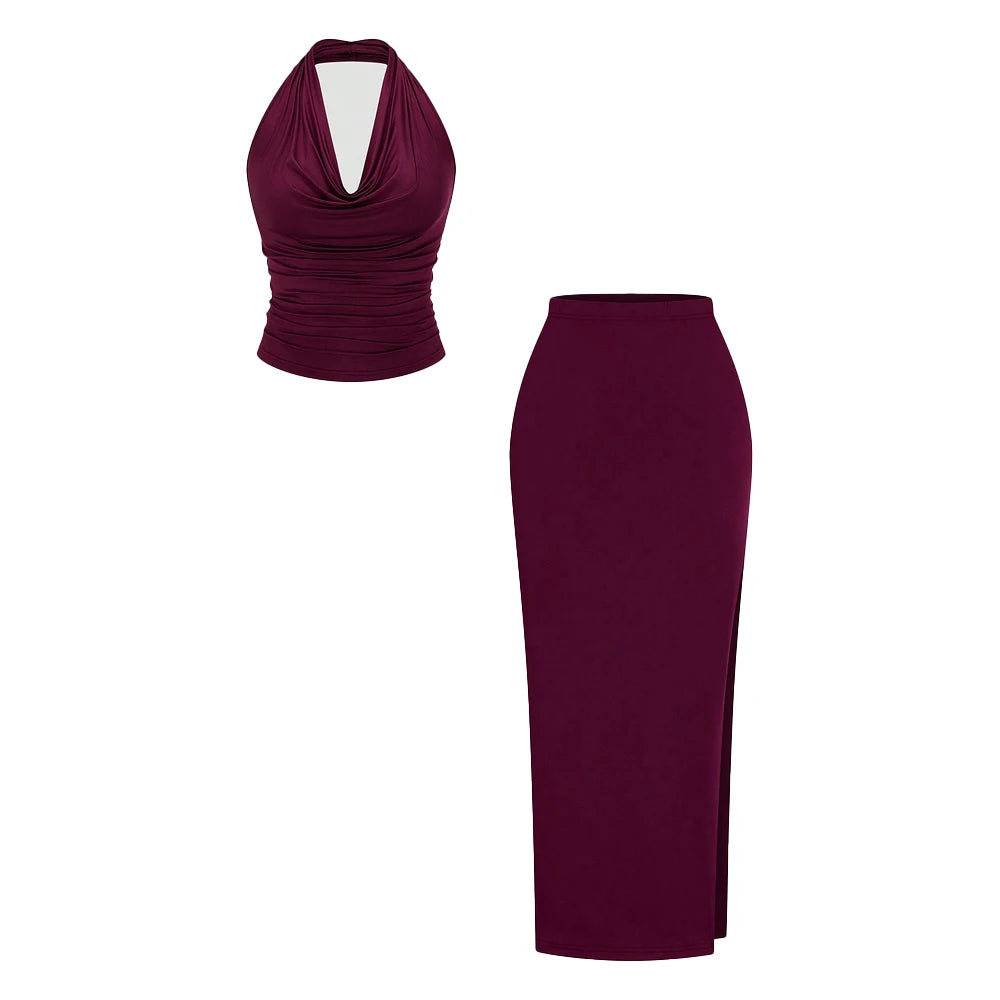 Plus Size Burgundy Sexy Romantic Urban Woman Sleeveless Neck Swing Neck Top + Split Half Skirt Long Skirt Two Piece Set