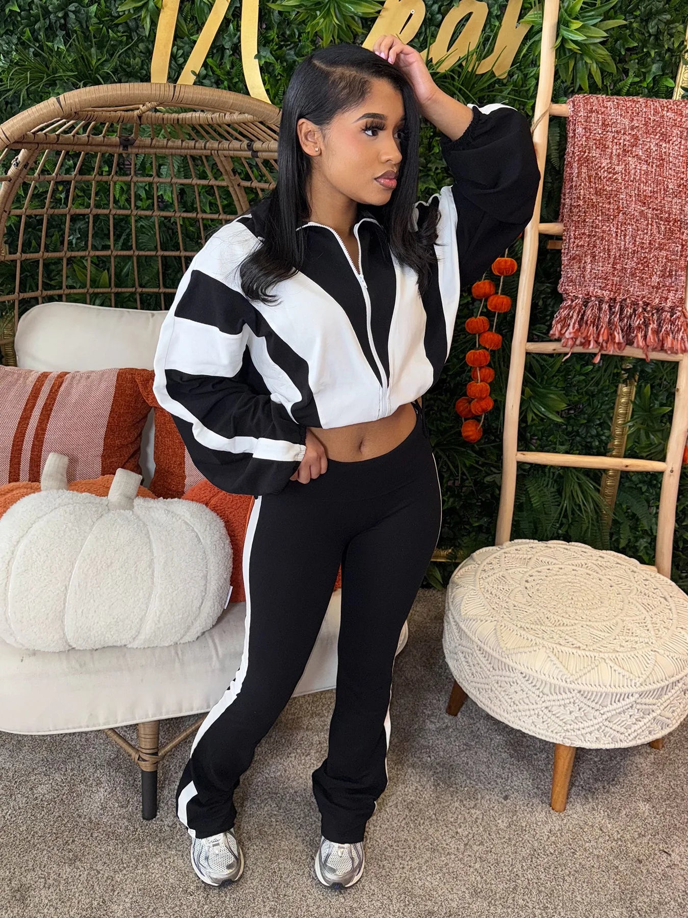 Two Piece Outfits Color Block Long Sleeve Zipper Jacket and Jogger Pants Tracksuit Streetwear