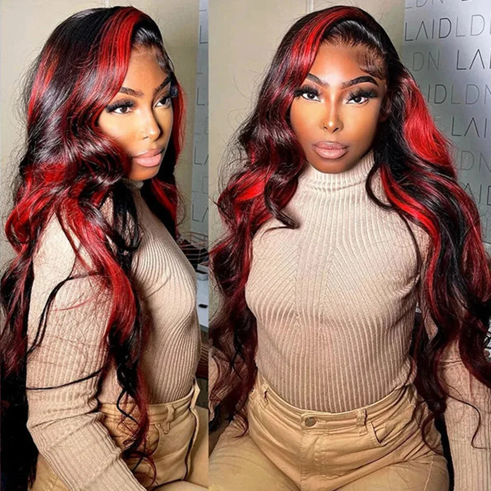 Ombre Burgundy Highlight Synthetic Lace Front Wigs Pre Plucked with Baby Hair Body Wave HD Lace Front Wigs