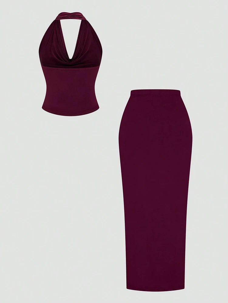 Plus Size Burgundy Sexy Romantic Urban Woman Sleeveless Neck Swing Neck Top + Split Half Skirt Long Skirt Two Piece Set