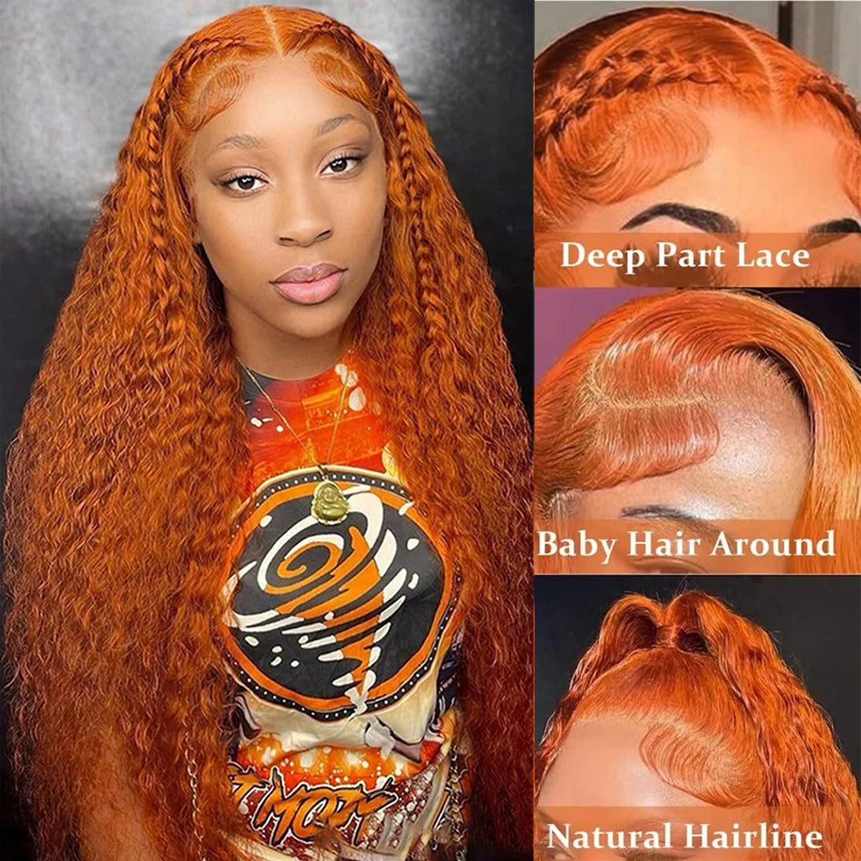 Orange Ginger Curly Lace Front Human Hair Wig Deep Wave 13X4 13X6 Hd Lace
