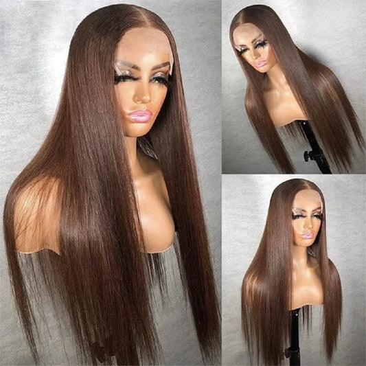 Chocolate Brown Bone Straight Preplucked Hd Lace Wig