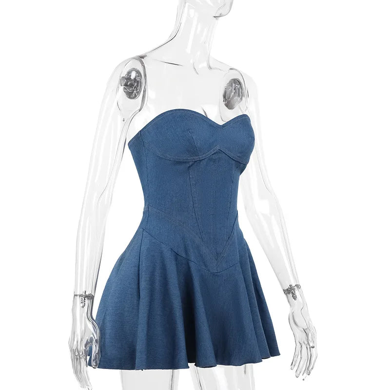 Blue Denim Dress Strapless Pleated Mini Dresses